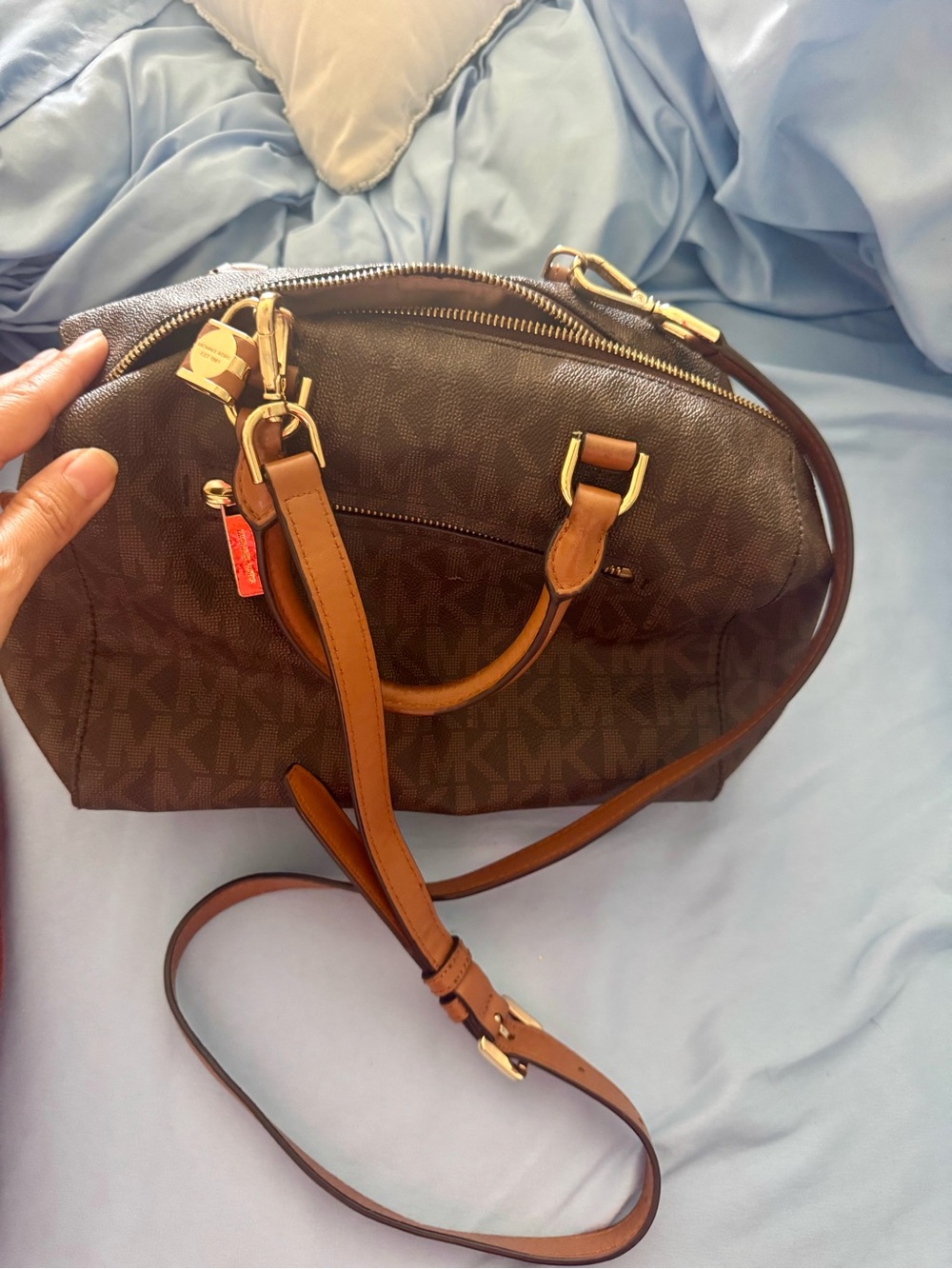 Michael Kors Brown MK Logo Duffel with Tan Handles and Gold Hardware - Picture 10 of 11